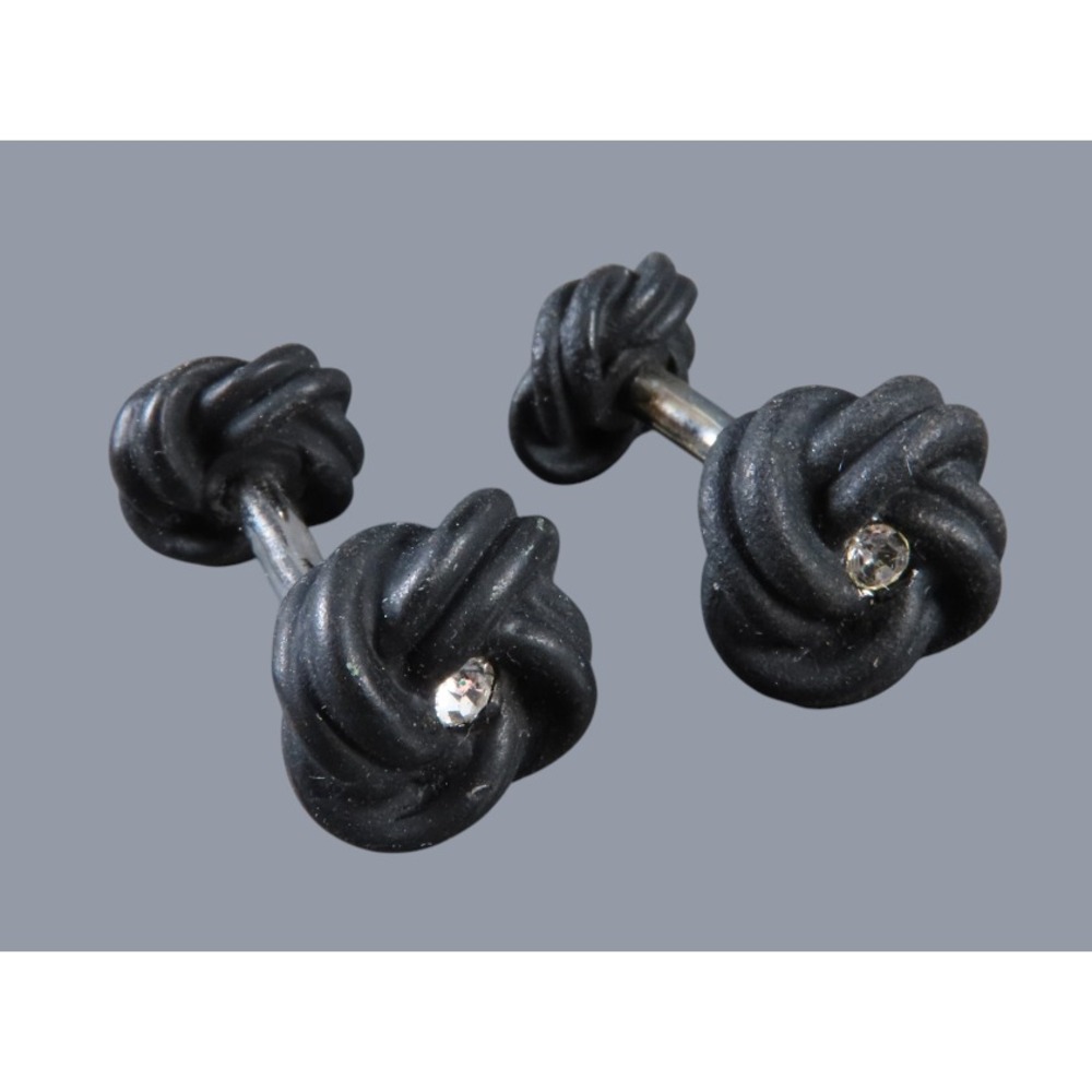 Vintage UNIQUE CUFFLINKS Black Enamel Knot w/Clear Rhinestone DOUBLE SIDED ENDS
